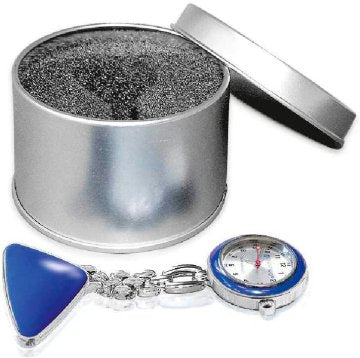 Schwesternuhr ratiomed mit Clip blau/silber in MetallDose – megro / ratiomed