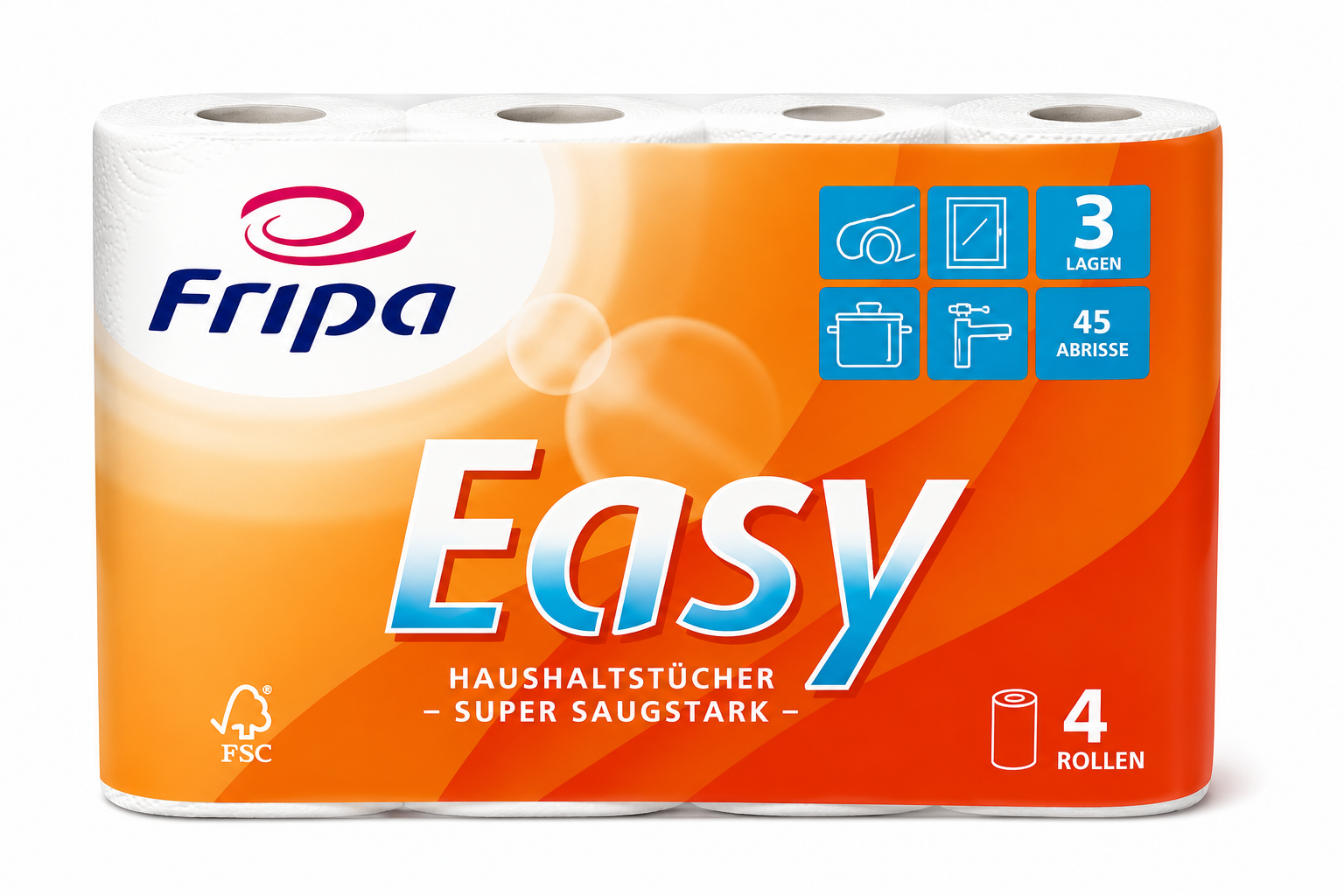 Easy Küchenrolle, 3-lagig, 45 Abrisse (4 Rollen)