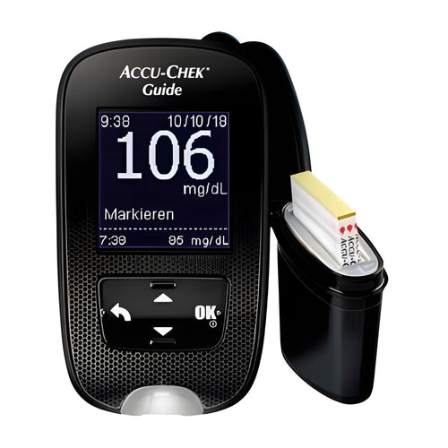 Accu-Chek Guide Set mg/dl Stechhilfe 6 Lanzetten 10 Teststreifen Knopfbatterie Etui Blu… – Roche